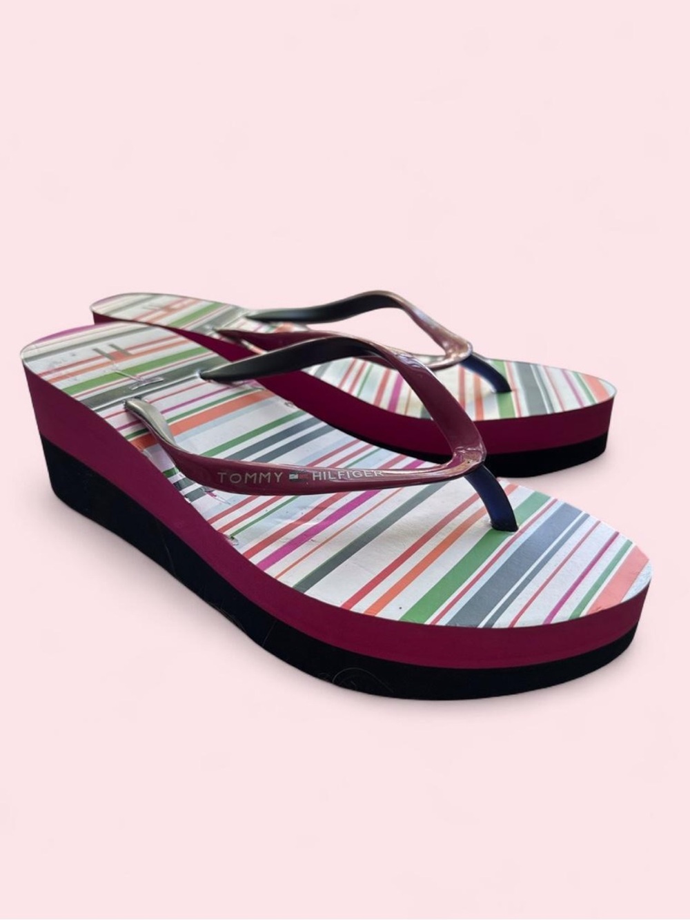 Tommy Hilfiger Platform Multicolor Striped Wedge Flip Flops with Pink Straps